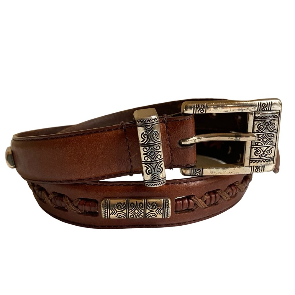 Vintage Fossil Western Leather Belt With Silver Tone Medallions Brown